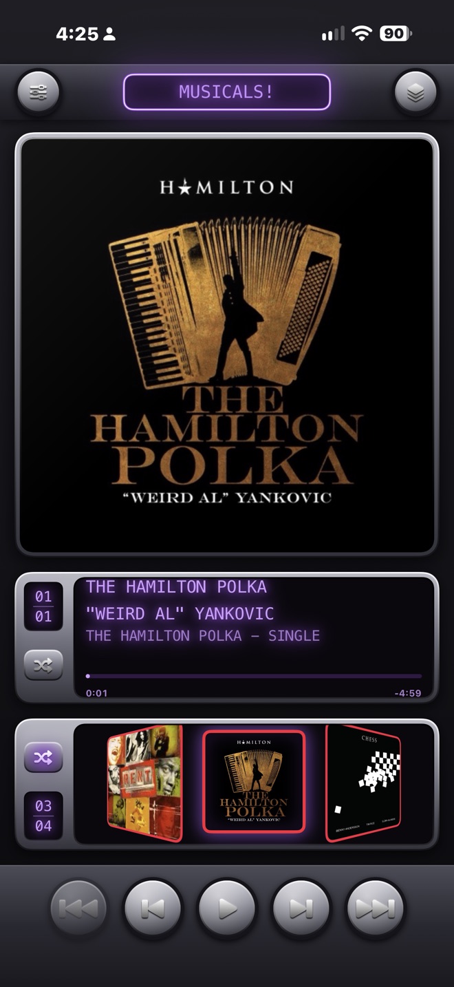 Changer playing the Musicals caddy: Weird Al Yankovic, The Hamilton Polka, between Rent and Chess