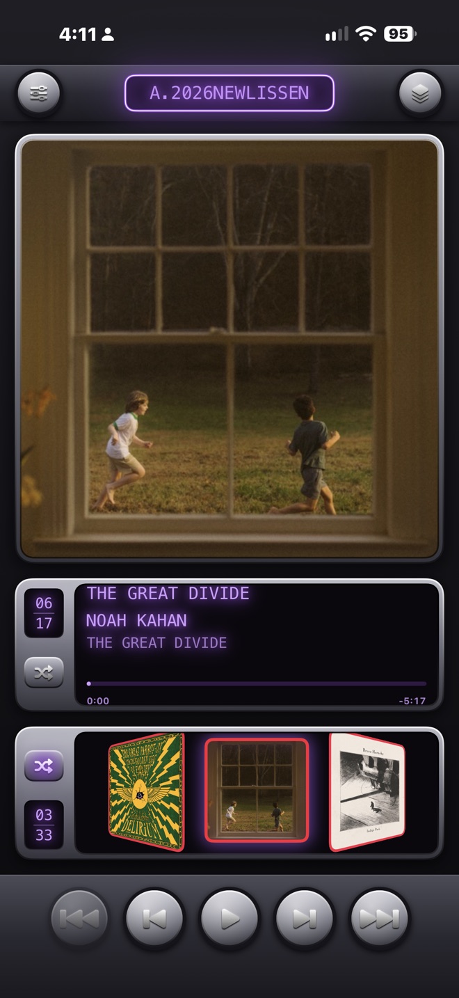 Changer playing the 2026 New Lissen caddy: Noah Kahan, The Great Divide, disc 3 of 33